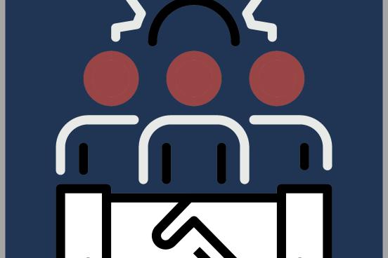 Two hands shaking in front of three people standing in front of a large cog