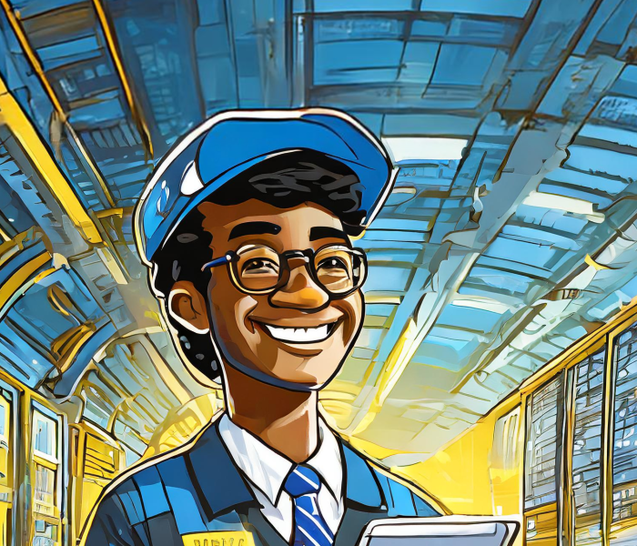 Illustration of a technician smiling in a control room