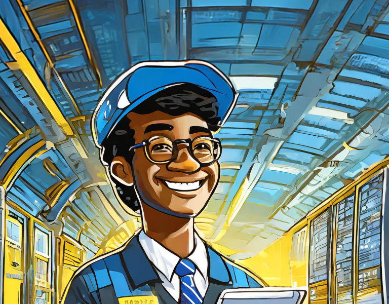 Illustration of a technician smiling in a control room