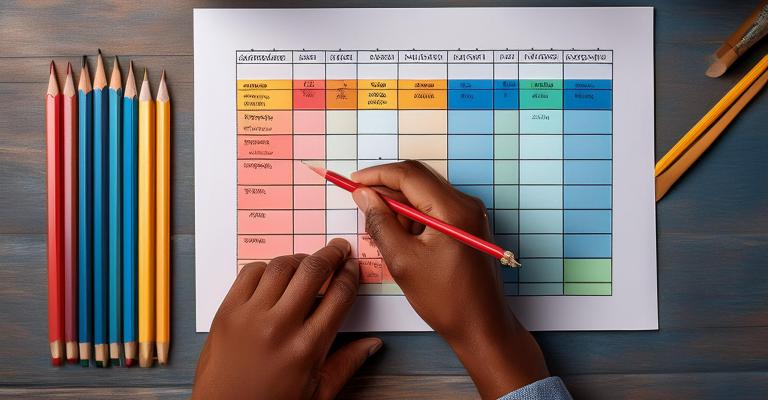 Two hands working on a project chart with multiple colored pencils