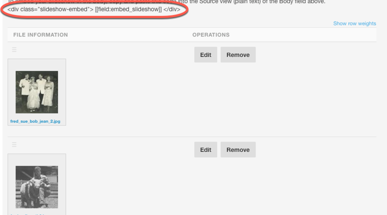 Embedded Slideshow option after images have been selected. The code snippet is circled.