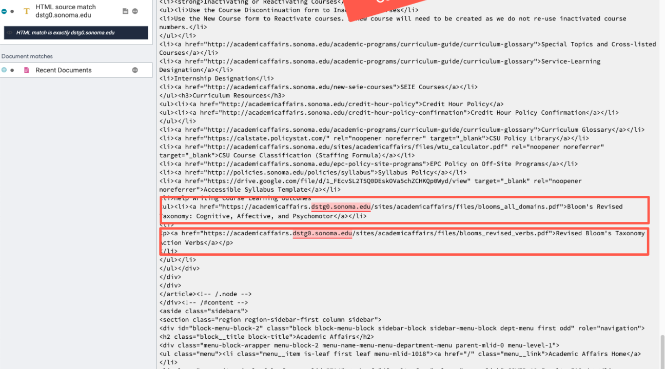 The Siteimprove inspect page HTML source showing two occurences of an issue