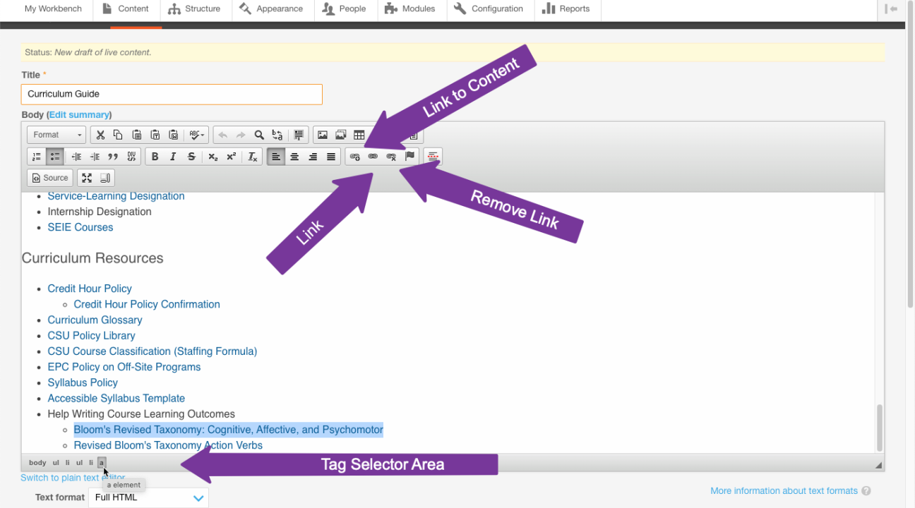 Three link buttons in the Drupal 7 WYSIWYG editor