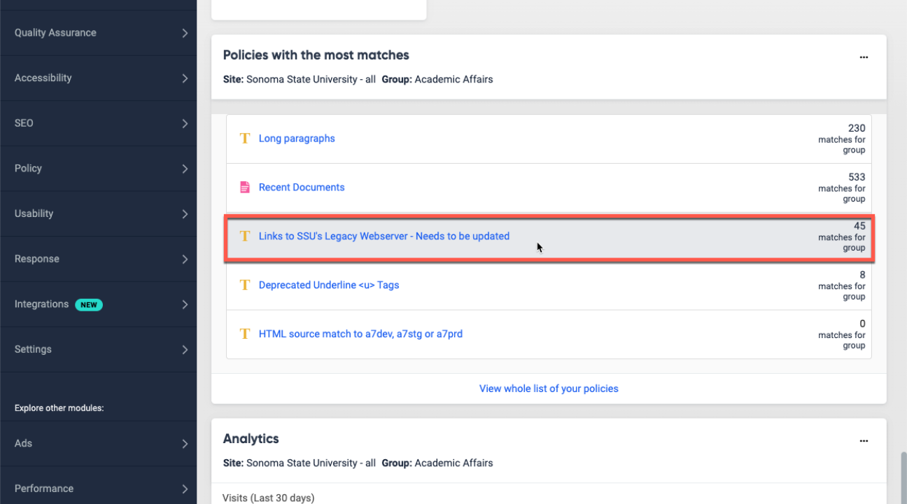 Policies widget with the Links to SSU's Legacy Webserver link outlined. Policies widget with the Links to SSU's Legacy Webserver link outlined.