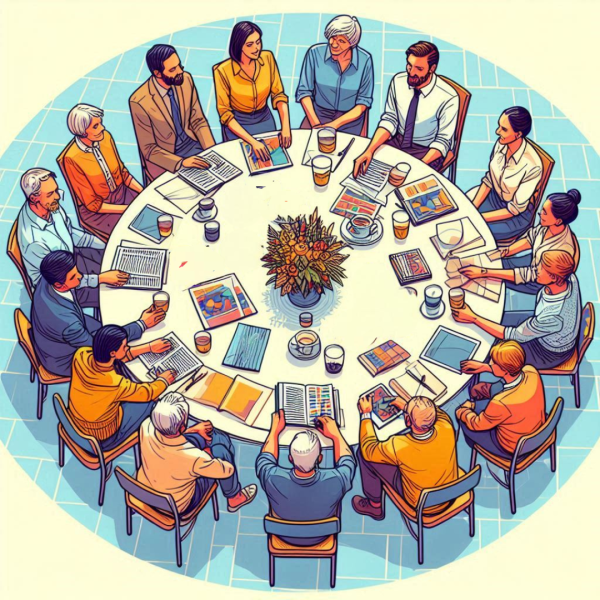 Overhead view of a group of people seated around a table with various documents and beverages on it