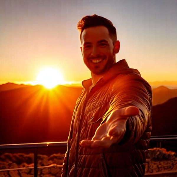 Man reaching out his hand in an invitation to join him at sunset