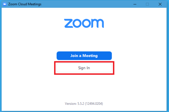 The Zoom app launch page with the Sign In button highlighted