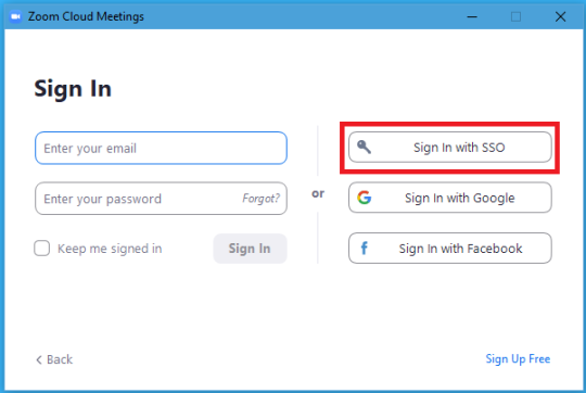 The Zoom App login page with the Sign In with SSO button highlighted