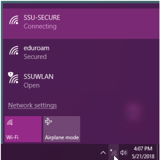 The SSU-SECURE wireless network in a list of available Wi-Fi networks