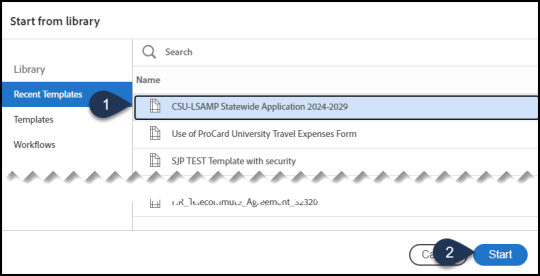 Numbered instructions indicating first selecting a template and then clicking start