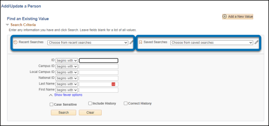The Add/Update a Person page in MySSU with Recent and Saved search fields highlighted