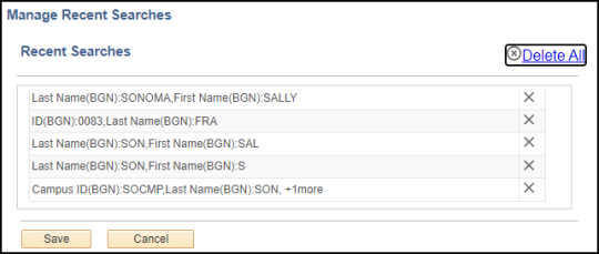 The manage recent searches page with a prominent Delete All button above a table of various search configurations