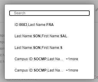 A pop-up window with a 6 rows containing summarized search data