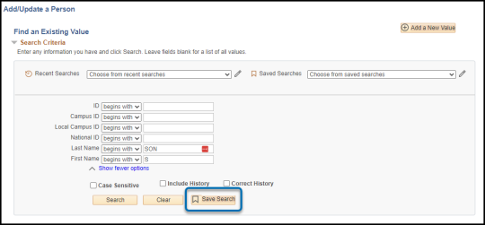 The Add/Update person page in MySSU with some search criteria entered and the Save Search button highlighted.