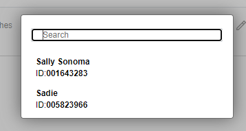 Saved search pop-up window showing two saved searches and a search field