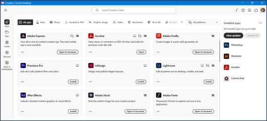 Creative Cloud apps screen with options to open and install various programs.