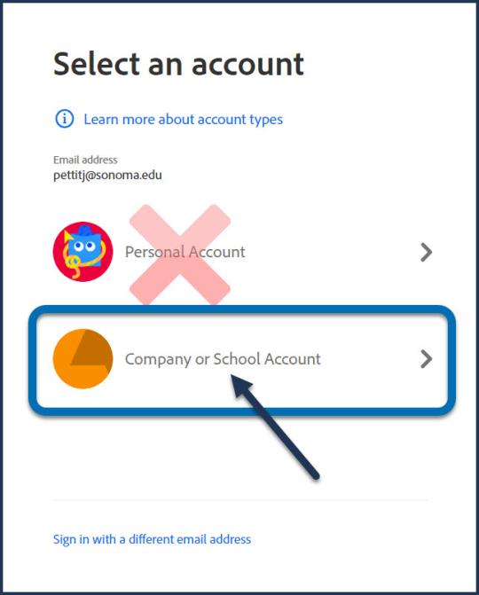 Adobe Select an account login page