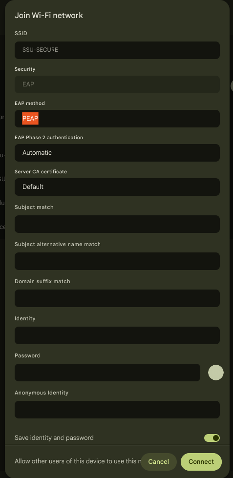 Screenshot of wifi connection settings for SSU Secure.