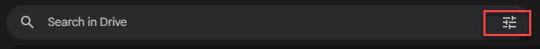 The search bar of google drive with a red rectangle around the icon on the right-hand side for advanced search which is three horizontal sliders. 