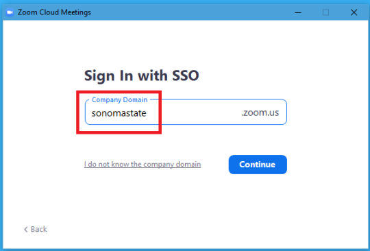 The Zoom App SSO sign in page with sonomastate entered in the company domain field