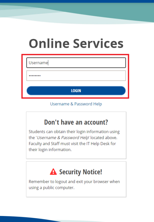 The SSU Online Services login page with the username field, password field, and Login button highlighted
