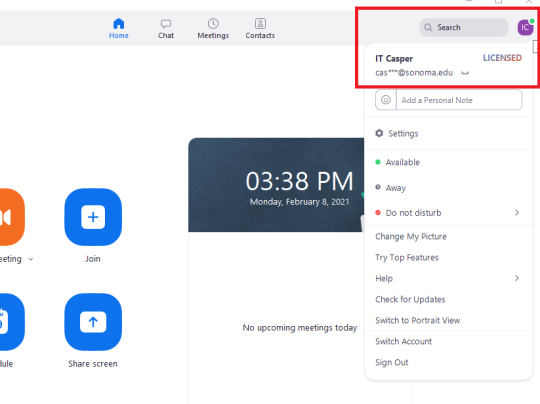 The main Zoom app page with a box highlighting the user icon and user menu