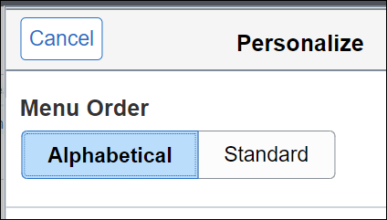 The alphabetical and standard menu order sort preference buttons