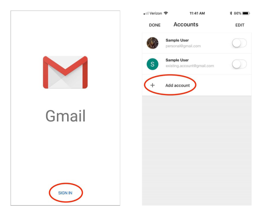 Screenshot of the Gmail splash screen with a circle around the Sign In button, next to a screenshot of the Gmail Accounts pane with a circle around the Add Account button 