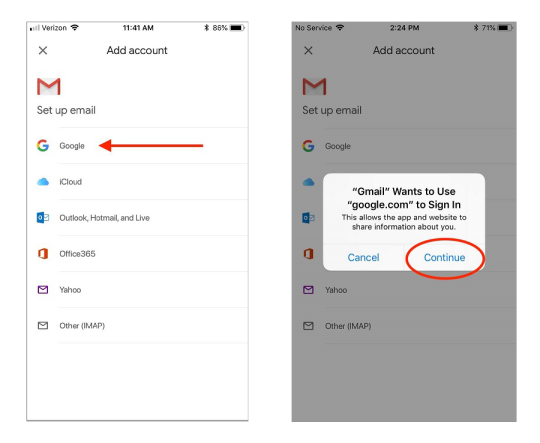 Screenshot of the Add Account screen in the Gmail app with an arrow pointing to Google, next to a screenshot with a push notification saying "Gmail Wants to use "google.com" to Sign In" and a circle around the Continue button 