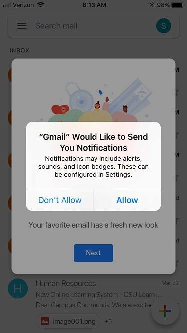 Screenshot of the Gmail app displaying the message "Gmail Would Like to Send You Notifications" 