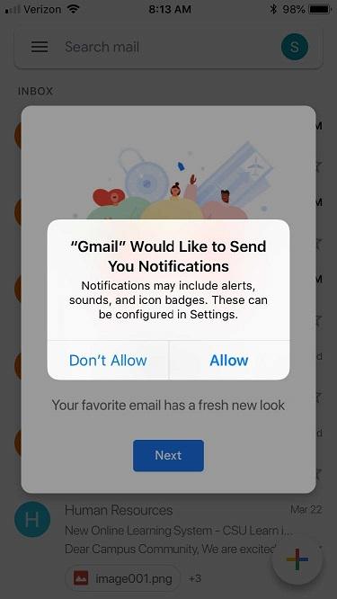 Screenshot of the Gmail app displaying the message "Gmail Would Like to Send You Notifications" 