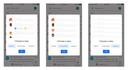 Three screenshots of the "Choose a view" pop up window within the Gmail app, with the options "Default", "Comfortable" and "Compact" selected in each respective screenshot 