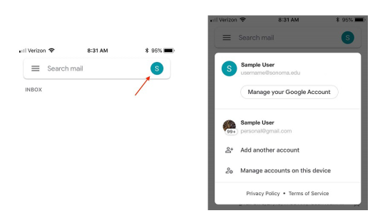 Screenshot of the search bar at the top of the Gmail app with an arrow pointing to a blue circle with an "S" inside of it, next to a screenshot displaying a window that shows all active accounts within the Gmail app and settings for adding or managing oth