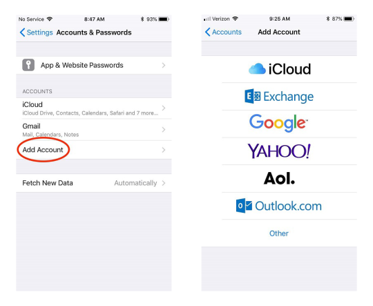 Screenshot of the "Accounts & Passwords" screen in the Settings app with a circle around "Add Account" next to a screenshot of the "Add Account" screen 