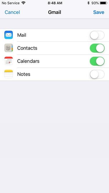Screenshot of the Gmail sync options screen with Contacts and Calendar toggled On and Mail toggled Off 