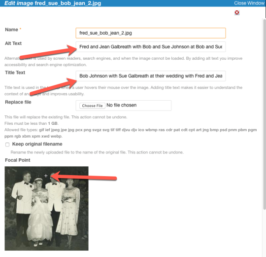 Edit Image screen, with arrows indicating the Alt text, Title text and Focal point areas