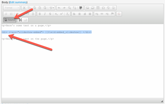 Body field, Source view, and snippet pasted where the slideshow should go.