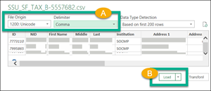 The file origin, tax delimiter, and load fields highlighted