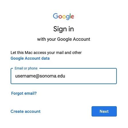 Screenshot of the Google sign-in window with an example Sonoma State email address entered in the "Email or phone" field 