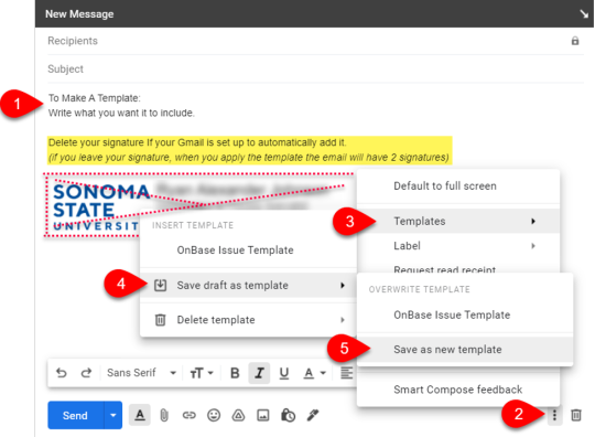 The email draft window in Gmail highlighting the steps and menus needed to save a new template