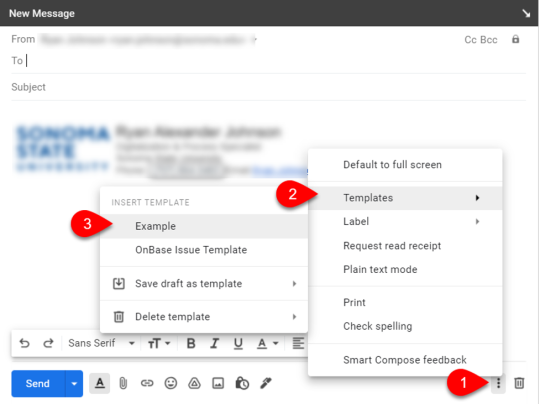 Gmail message draft window with numbered arrows pointing to the menu required to use a template