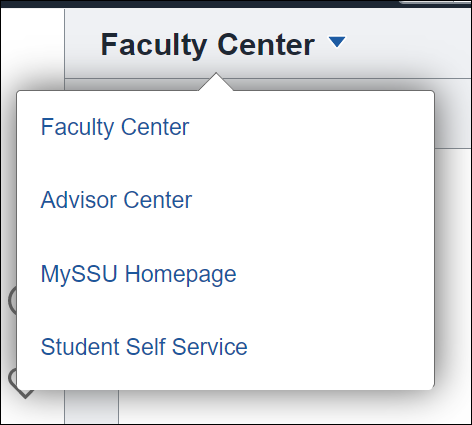 List of available homepages in MySSU, which are Faculty Center, Advisor Center, MySSU Homepage, and Student Self Service