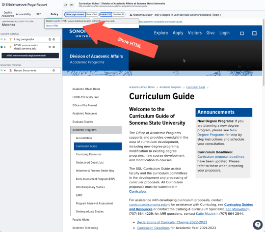 The Show HTML option on Siteimprove's single-page viewer