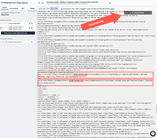 The Siteimprove inspect page HTML source showing two occurences of an issue