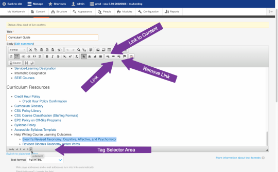 Three link buttons in the Drupal 7 WYSIWYG editor