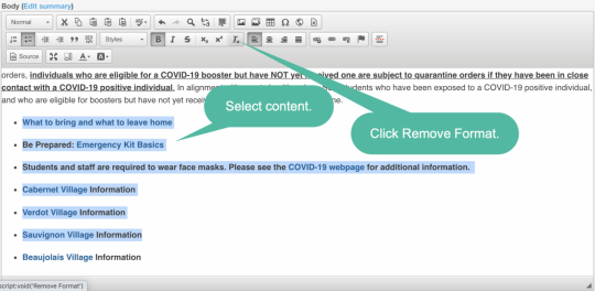 The WYSIWYG page editor box in Drupal 7 with the Remove Formatting button highlighted and some text selected in the editor window.