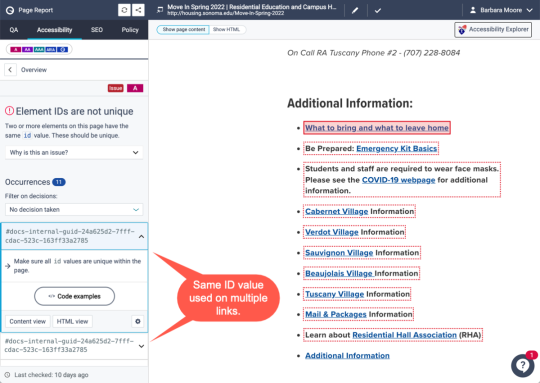The Siteimprove inspect page HTML source showing two occurences of an non-unique element ID problem
