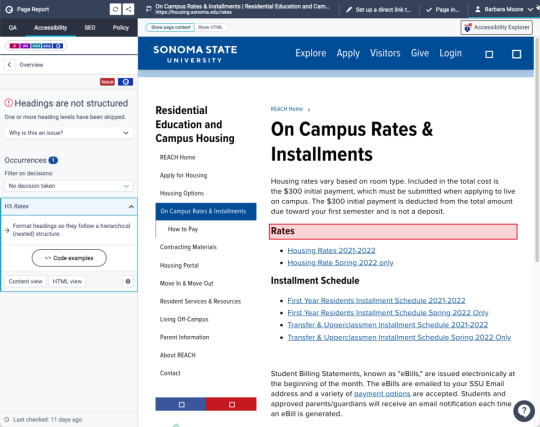 A Siteimprove page highlighting headings not structured in order