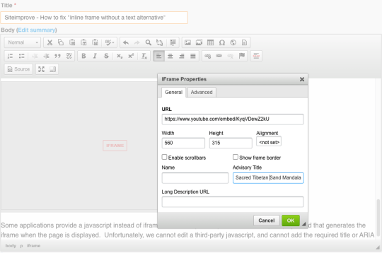 iFrame properties pop-up window