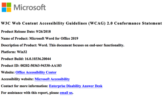 Screenshot of summary information in VPAT for Microsoft Word